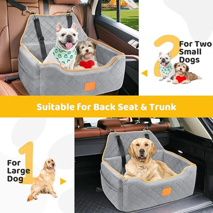 XIEEAOZEE Dog Car Seat for Large/Medium Dog, Booster Seat for Dogs Under 55Lbs or 2 Small Puppy, Detachable and Washable Travel Pet Bed with Thick Cushion and Storage Pockets (Gray)
