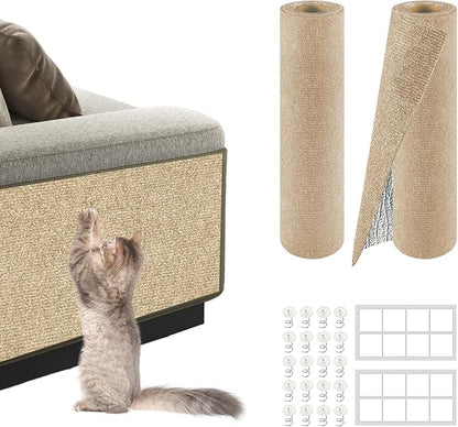 Cat Scratch Mat for Couch, Wall & Cat Tree – 78.7" Trimmable Self-Adhesive Cat Scratcher, Furniture Protector for Cats, Felt Alternative to Sisal, DIY Replacement for Cat Tower, 2 Pack (Khaki)