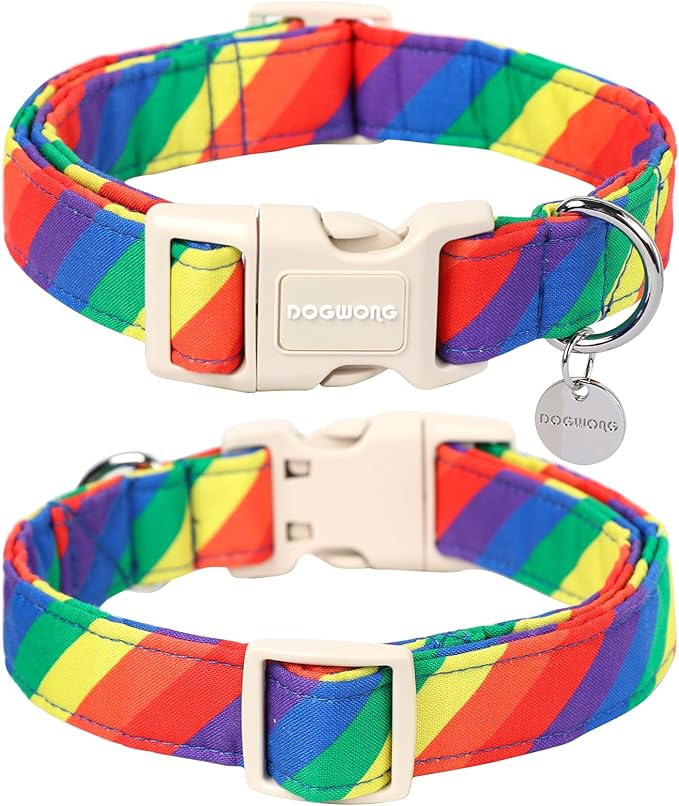 DOGWONG Cotton Dog Collar, Rainbow Dog Collar Durable Soft Natural Fabric Pet Dog Collar Cute LGBTQ Puppy Necklace for Small Medium Large Dog