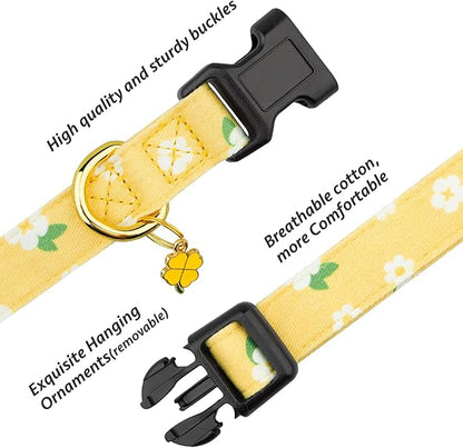 Cotton Handmade Dog Collar Cute and Distinctive Patterns Yellow Flower with Pendant for Girl Boy Dogs Collars M