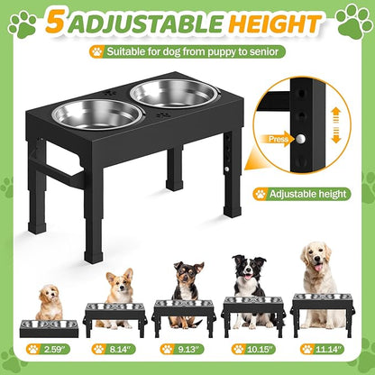 Elevated Dog Bowls, 4 Height Adjustable Raised Bowl Stand with 2 Stainless Steel 7" Food Feeder Bowls for Small Medium and Large Dogs （Plastic）