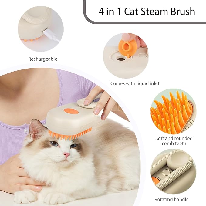 4-in-1 Rechargeable Cat Steam Brush for Shedding, Anti-static Pet Grooming Tool for Cats and Dogs, Pet Massage & Cleaning Brush (Beige)