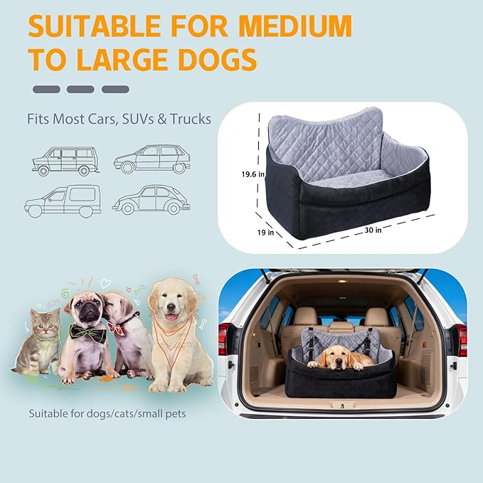 Medium & Large Dog Car Seat/Booster, Up to 55 lbs, with Safety Leash, Comfortable Travel Bed, Removable Washable Cover, Storage Bag for Convenient Car Travel