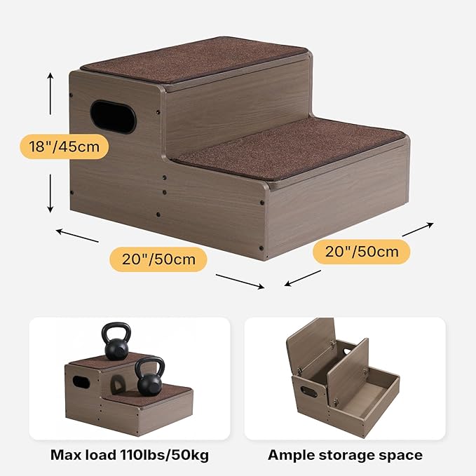 Veehoo Wooden Dog Steps for Bed Couch with Storage 18"H 20"W, 2 Step Pet Stairs for Dogs to Get on Bed with Non Slip Rug, Jiont Friendly Pet Cat Stairs Puppy Doggy Ramp Ladder for Small to Large Dogs