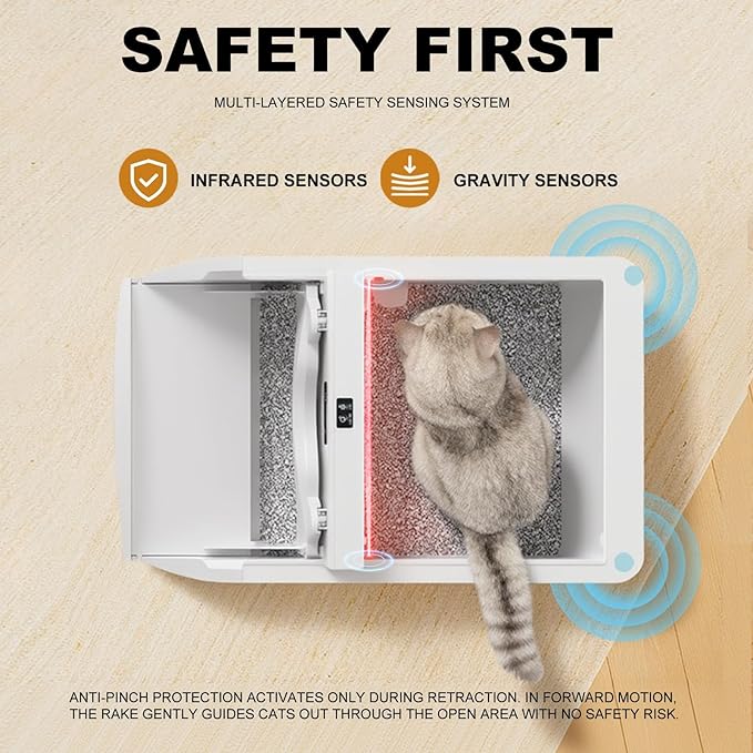 Automatic Litter Box, Open-Top Self Cleaning Litter Box for Multiple Cats, Large Space with Low Entry, Dual Safety Sensors, Quiet Operation, Compatible with Clumping Litter, Odor Control