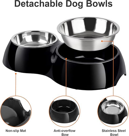 Double Dog Bowls Set – Non-Slip Pet Food & Water Dishes with Resin Stand, Includes Small (1 Cup) & Medium (2 Cups) Bowls – Ideal for Puppies and Cats –Black