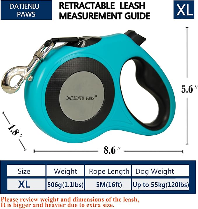 Retractable Dog Leash Strong Nylon Tape 16Ft Reflective Stitch for Night Walking One-Handed Brake Anti-Slip Handle XL Blue