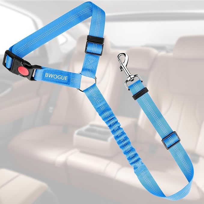 BWOGUE Pet Dog Cat Seat Belts, Car Headrest Restraint Adjustable Safety Leads Vehicle Seatbelt Harness (1 Pack, Blue, Elastic)