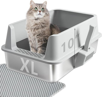 XL Stainless Steel Cat Litter Box with Lid,Metal Litter Box High Sides for Big/Multiple Cats,Open Design,Indoor,1-Mat and 1-Scoop,Easy to Clean, No Odor,Anti-Urine Leakage