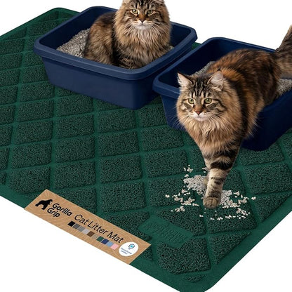 GORILLA GRIP Cat Litter Box Mat, 47x35, Cushioned Coil Mesh Litter Trapping Mats, Scatter Control Supplies for Less Mess, Phthalate Free, Ultra Deep Catch Grooves, Rinse or Vacuum to Clean, Dark Green