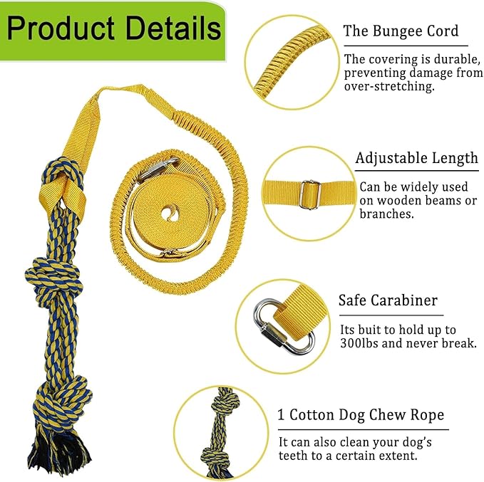 Dog Bungee Tug Toy Hanging from Tree,Outdoor Tug of War Interactive Tether Dog Rope with Chew Lure for Small Medium Large Dogs (Yellow)