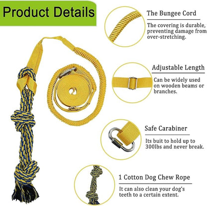 Dog Bungee Tug Toy Hanging from Tree,Outdoor Tug of War Interactive Tether Dog Rope with Chew Lure for Small Medium Large Dogs (Yellow)