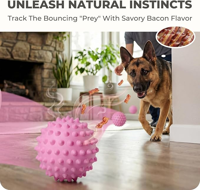 Apasiri Bacon-Flavored Squeaky Balls for Dogs: 3.5Inch Durable Rubber Bouncy Dog Balls for Aggressive Chewers, Spiky Floating Dog Balls for Large & Medium Dogs, Dog Birthday Gift, Pink Easter Dog Toys