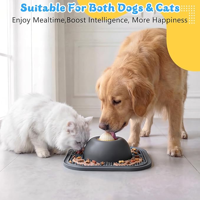 PetsHome Slow Feeder Dog Bowls & Lick Mat for Liquid and Thick Treat, Anti-Slip Dog Lick Bowl with Interactive Rolling Ball, 5/6 Cup Pup Licking Toy for Large Medium Small Dogs and Cats Gray