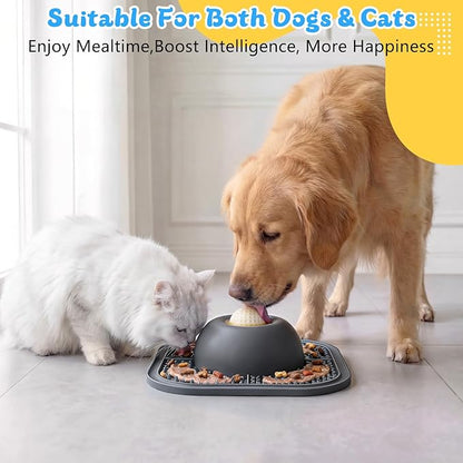 PetsHome Slow Feeder Dog Bowls & Lick Mat for Liquid and Thick Treat, Anti-Slip Dog Lick Bowl with Interactive Rolling Ball, 5/6 Cup Pup Licking Toy for Large Medium Small Dogs and Cats Gray