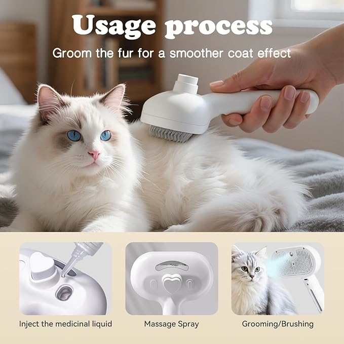 Upgraded Rechargeable Silicone pet Hair Removal Tool, 3-in-1 Automatic Cleaning steam Brush, Suitable for Grooming, Hair Removal, and Massage, Suitable for Cats and Dogs.