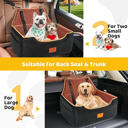 XIEEAOZEE Dog Car Seat for Large/Medium Dog, Booster Seat for Dogs Under 55Lbs or 2 Small, Detachable and Washable Travel Pet Seat with Thick Cushion and Storage Pockets (Black/Brown)