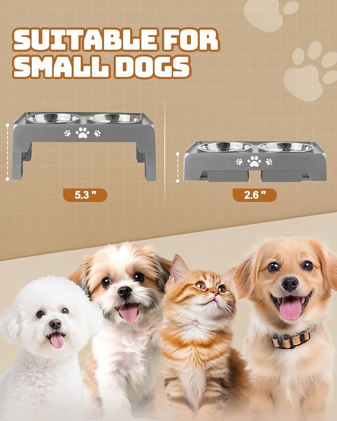 Elevated Dog Bowls for Small Dogs and Cats, Non-Slip Cat Bowls with 2 Thick 5.5" Stainless Steel Dishes, Dog Feeder 2 Heights Adjustable to 2.6"-5.3"