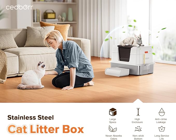 XL Premium Stainless Steel Enclosed Cat Litter Box with Lid, Extra Large Heavy-Duty Metal Litter Box for Big Cats & Multi-Cat Homes|Leak-Proof, Odor-Locking, Non-Stick Surface | Easy Clean (White)