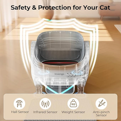 Automatic Cat Litter Box Self Cleaning, App Control, Open-Top Automatic Litter Box with Safety Sensors, Ultra-Quiet, 10.5L Waste Bin with Odor Control, 2 Rolls of Garbage Bags, Grey White