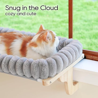 Zakkart SnugCloud Cat Window Perch with 4-Sided Bolster - Large Cat Hammock for Window Sill - Solid Hardwood & Metal Frame - Window Seat for Pets (Natural Color Wood w/Gray Bed, Large)