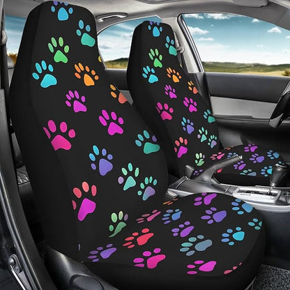 Colorful Dog Paws Car Seat Covers Waterproof Front Seat Covers Easy Installation Stretch Polyester Fabric Cover Protection Interior Accessories Universal Fit Most Cars,SUV, Trucks