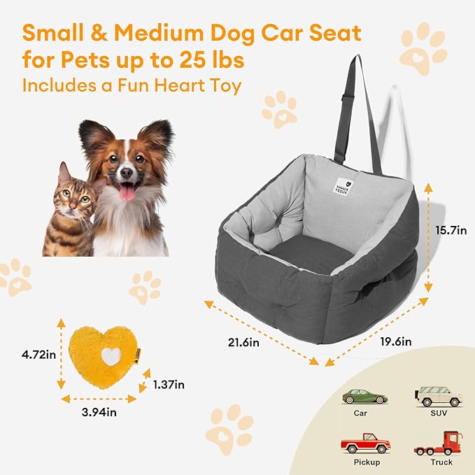 FUNNY FUZZY Dog Car Booster Seat for Small/Medium Dogs Up to 39lbs – Waterproof Fabric, Non-Slip Base, Safety Leash, Fully Detachable & Machine Washable Cover (Gray)