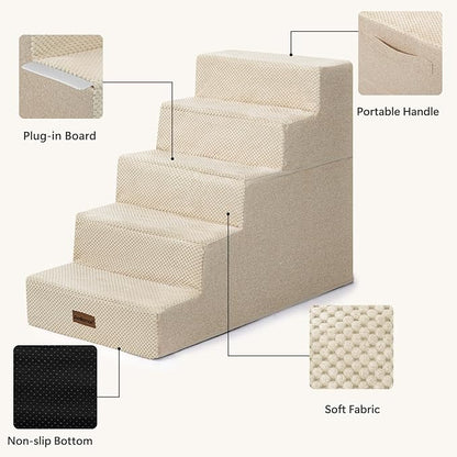 Pet Stairs for High Bed, 5-Step Dog Stairs for Small Dogs, Indoor Non-Slip Dog Steps for Old Cats, Puppy, Small Medium Dogs,22.6" H,Beige