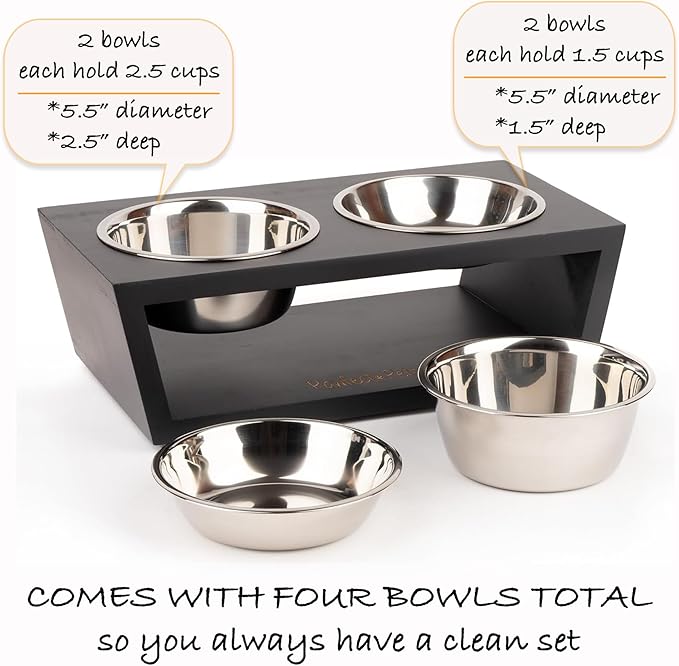 4" Tall Elevated Dog Bowls for Small Dogs, Food and Water Bowl Set by Pawfect Pets (Black)