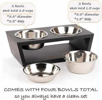 4" Tall Elevated Dog Bowls for Small Dogs, Food and Water Bowl Set by Pawfect Pets (Black)