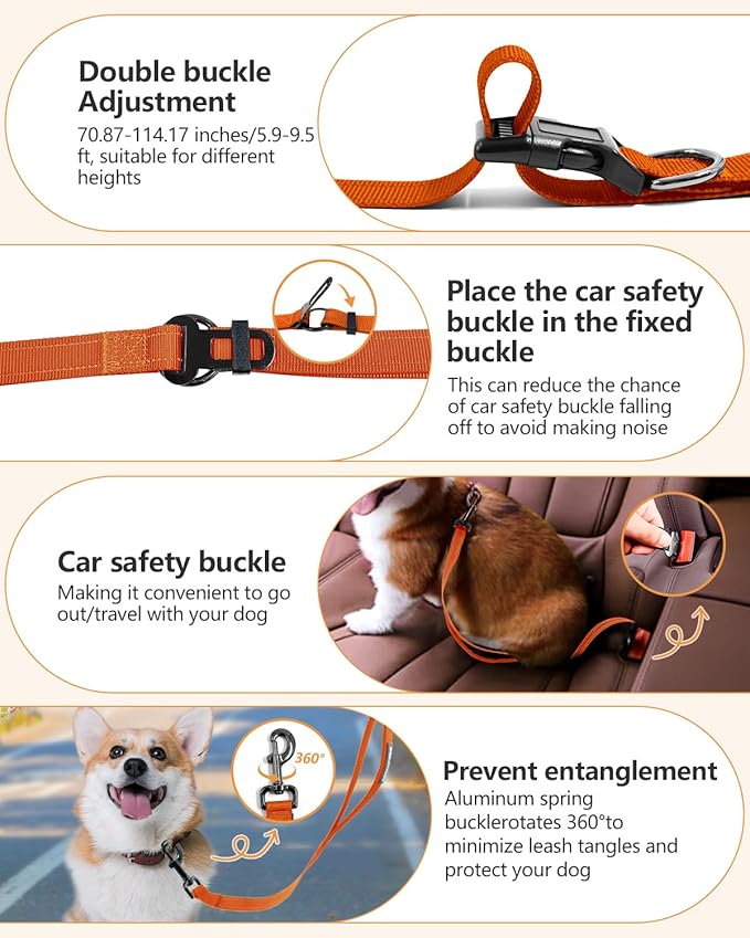 Hands Free Dog Leash, Multifunctional Crossbody Dog Leash, 5.9-9.5Ft Long Waist Belt with Car Seatbelt and Double-Sided Reflective Stitches for Medium and Large Dogs Walking, Jogging(Orange).