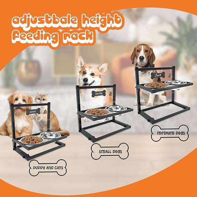 SHAINFUN Elevated Dog Bowls for Medium Dogs and Cats - Raised Cat or Dog Bowl Stand with Adjustable Height and Two Stainless Steel Food Bowls - Ideal for Medium and Small Dogs and Cats