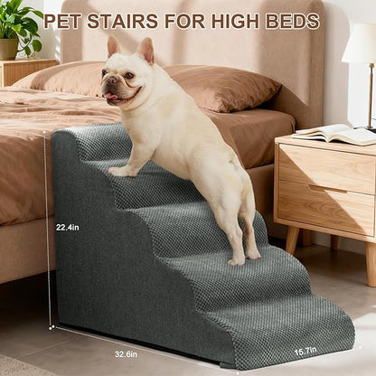 Dog Stairs for Bed 22.4”H,5-Step Dog Ramp for Small Dogs & Cats,Pet Steps for Dogs to get on High Bed, Indoor Anti-Slip Pet Stairs for Old Cats and Puppy,Grey