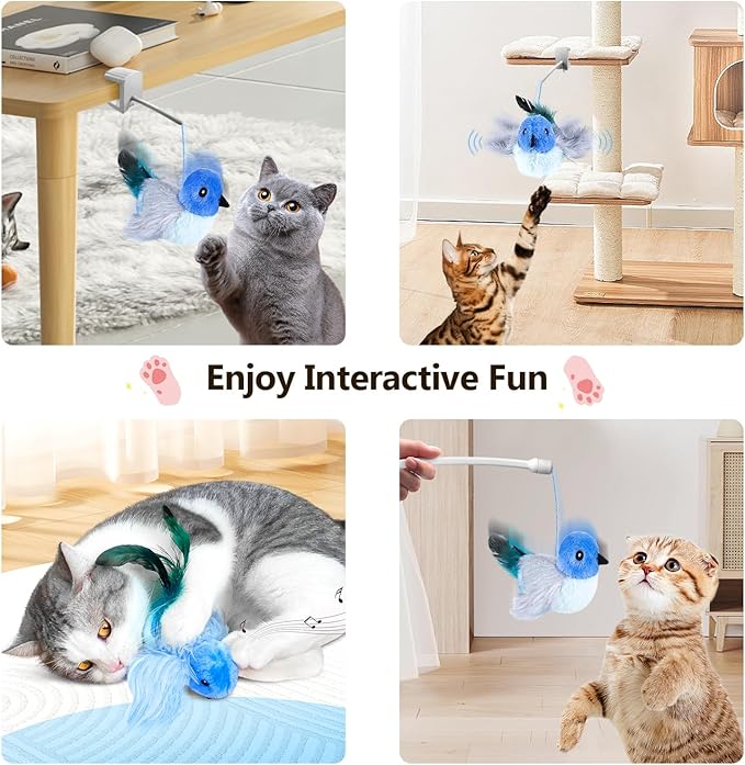 Migipaws Interactive Flapping Bird Cat Toys with Rod, clamp, Elastic String and Catnip, Automatic Chirping Toys for Indoor Cats to Chase, Hanging Feathers for Kitten to Self Play,Rechargeable(Blue)