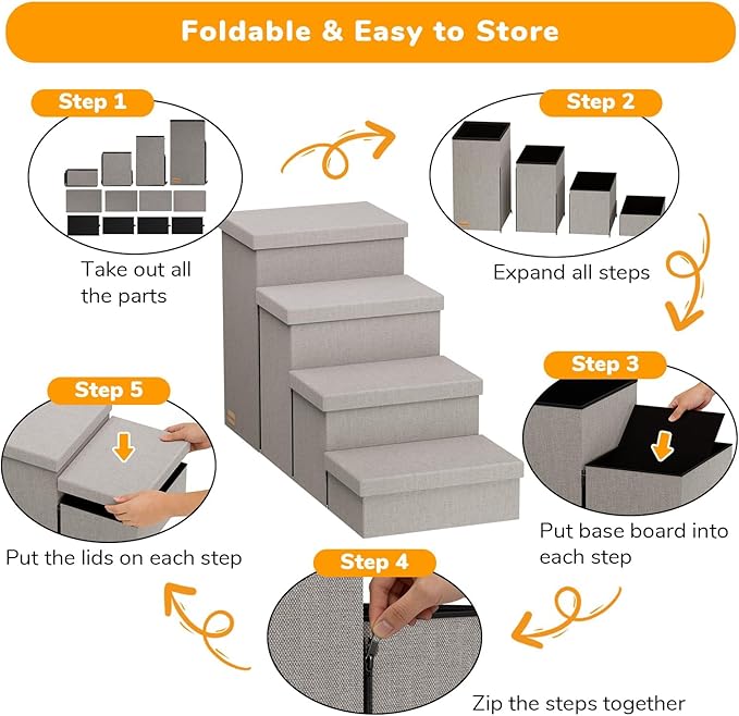 4-Step Wide Dog Stairs with Storage 23" H, Non-Slip Sturdy Pet Steps for High Bed Couch Window, Pet Stairs for Small/Medium/Large Old Dogs Cats Up to 220lbs, Cat Dog Steps for Car/SUV, Grey
