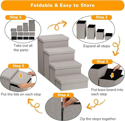 4-Step Wide Dog Stairs with Storage 23" H, Non-Slip Sturdy Pet Steps for High Bed Couch Window, Pet Stairs for Small/Medium/Large Old Dogs Cats Up to 220lbs, Cat Dog Steps for Car/SUV, Grey
