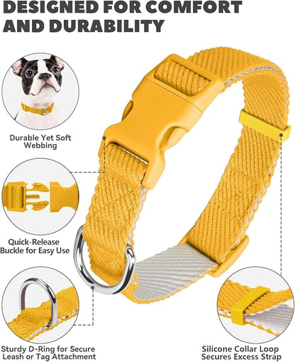 Dynmeow Soft and Breathable Cotton Dog Collar, Durable Adjustable Pet Collar with Quick-Release Buckle, Lightweight for Sensitive Skin for Puppies and Extra-Small Dogs, Yellow, Xs