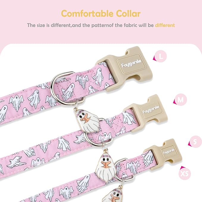 Faygarsle Pink Ghost Pattern Dog Collar with Charm, Halloween Pet Necklace, Adjustable Collar for Small Medium Large Dogs S