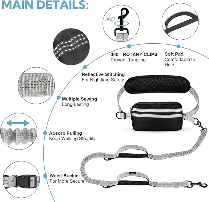 Hands Free Dog Leash, Waist Leash for Dog Walking,Running, Adjustable Waist Belt with Double Padded Handles, No Pull, Grey