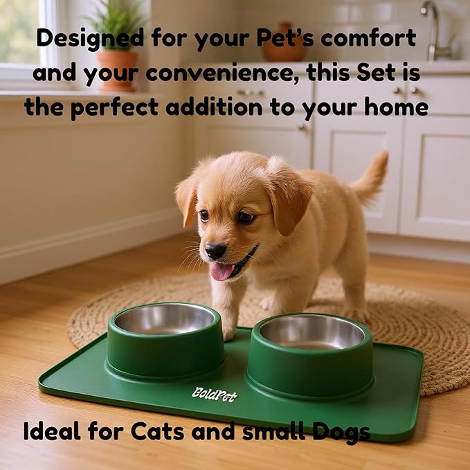 BoldPet® Dog Food and Water Bowl Set - Food Grade,Non-Slip Design Silicone Mat - Includes 2 Removable Stainless Steel Dog Bowls for Small Dogs - Perfect Puppy Bowls Set - Pet Bowls for Dogs and Cats