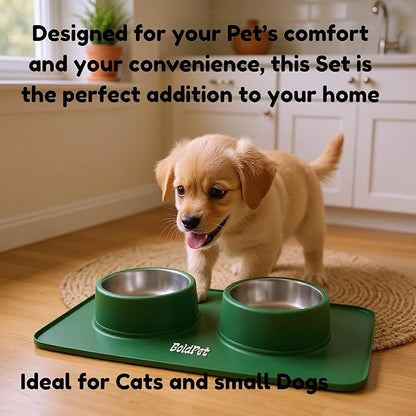BoldPet® Dog Food and Water Bowl Set - Food Grade,Non-Slip Design Silicone Mat - Includes 2 Removable Stainless Steel Dog Bowls for Small Dogs - Perfect Puppy Bowls Set - Pet Bowls for Dogs and Cats