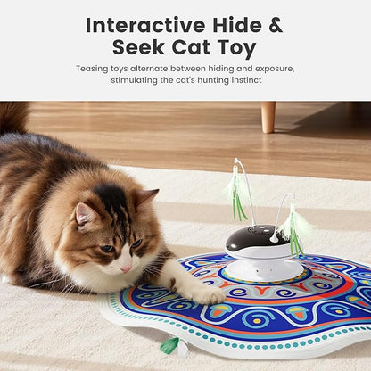 Gardner Pet Cat Toys Chargeable,5in1 Hide and Seek Automatic Interactive cat Toy, Chirping Moving Ambush Feather, Track Balls,Indoor Exercise Kicker 24 inch Cover for All Breeds,Boho Style - Blue