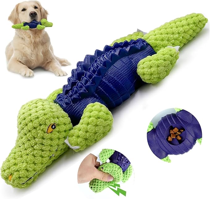 Dog Chew Toys for Small and Medium Breeds, Squeaky Dog Toys Plush, Interactive Dog Toys to Keep Them Busy, Alligator Dog Puzzle Toy, Dogs Dental Chew, Beef Flavored Chew Toy, Dogs Birthday Toy- Green