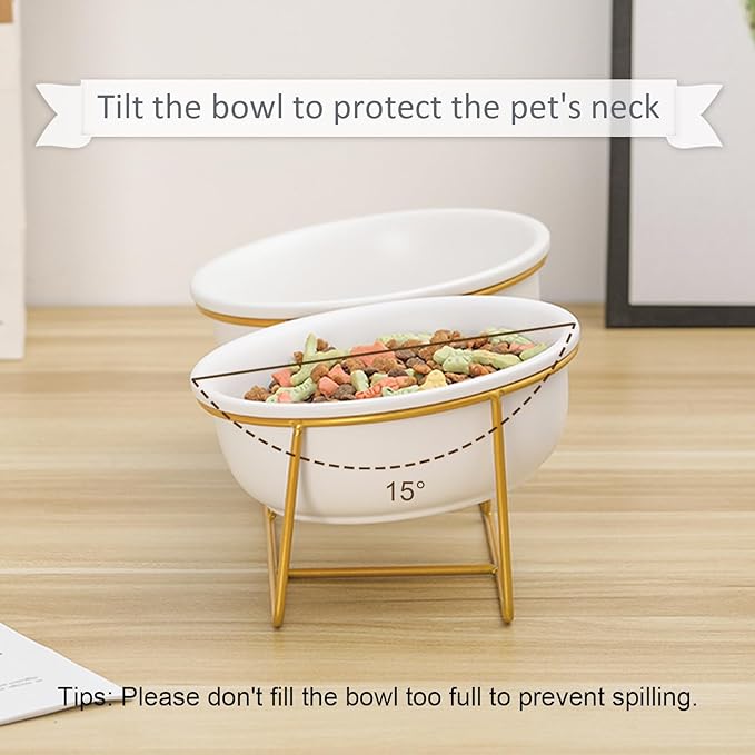 Elevated Dog Bowls for Small Dogs - 2 Ceramic Bowls with Gold Iron Stand - Raised Pet Dish Set for Food and Water - Comfortable Feeding