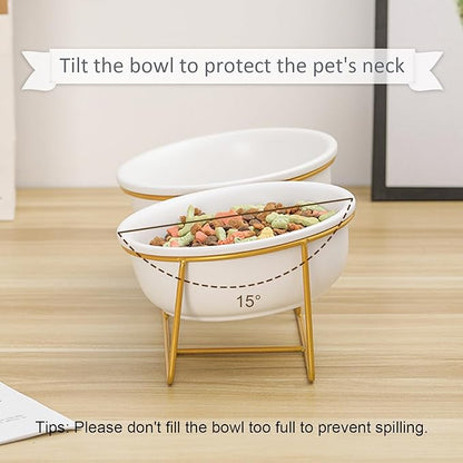 Elevated Dog Bowls for Small Dogs - 2 Ceramic Bowls with Gold Iron Stand - Raised Pet Dish Set for Food and Water - Comfortable Feeding