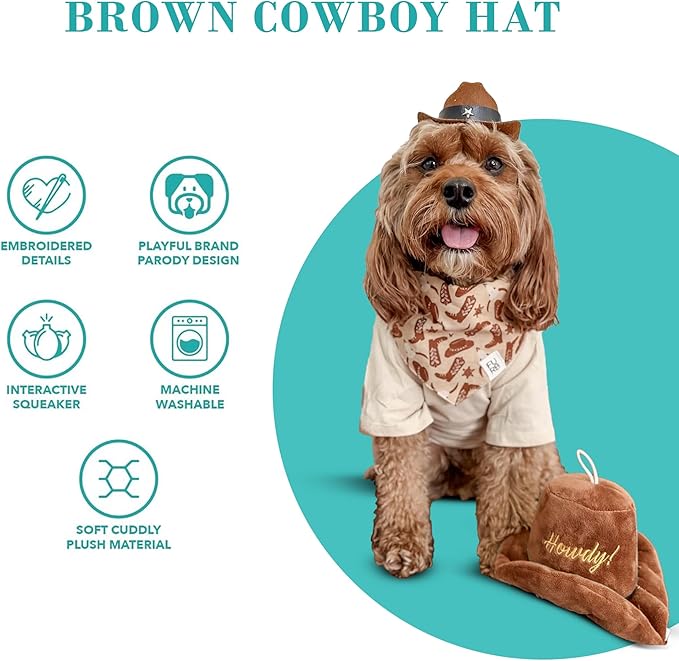 Haute Diggity Dog Cowboy Hat Plush Dog Toy for Medium & Large Dogs, Western-Inspired Stuffed Dog Toys with Interactive Squeaker, Mesh Lining, Machine-Washable, Durable & Safe, One Size, Brown