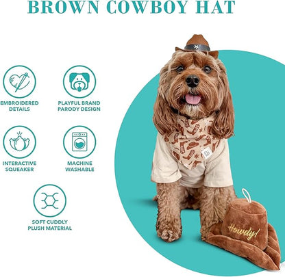 Haute Diggity Dog Cowboy Hat Plush Dog Toy for Medium & Large Dogs, Western-Inspired Stuffed Dog Toys with Interactive Squeaker, Mesh Lining, Machine-Washable, Durable & Safe, One Size, Brown