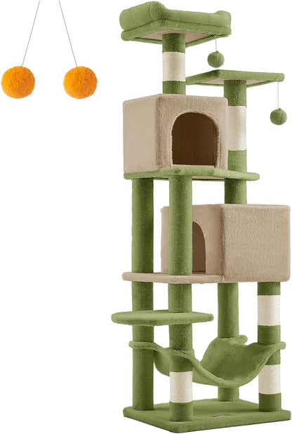 Feandrea Cat Tree, 59.5-Inch Tall Cat Tower, Plush Multi-Level Condo with 5 Scratching Posts, 2 Perches, 2 Caves, Hammock, 2 Pompoms, Grass Green and Camel Brown UPCT192C03