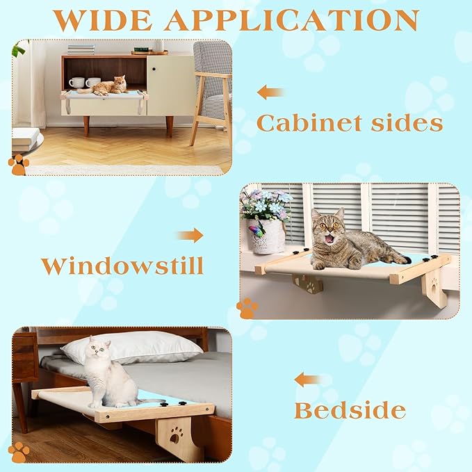 Suzile 2 Pack Cat Window Sill Perch Holds Up to 33 lbs Sturdy Cat Window Hammock with Wood and Metal Frame Adjustable Space Saving Kitten Bed Seat for Windowsill (Gray Blue)