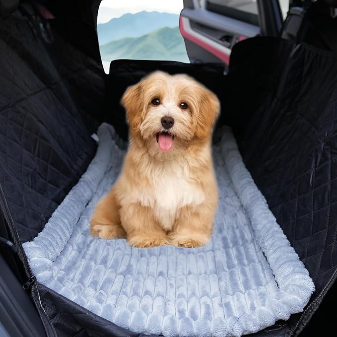 2-in-1 Dog Car Seat Cover & Dog Car Pet Bed Mat for Back Seat, Waterproof Pet Hammock with Soft Plush Cushion, Nonslip Backseat Protector for Dogs, Fits Cars SUVs Trucks